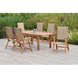 MERXX Garten-Essgruppe Capri, (Set 7-teilig, Tisch, 6 Klappsessel, Akazienholz mit Kunststoffgeflecht), mit ausziehbarem Tisch beige