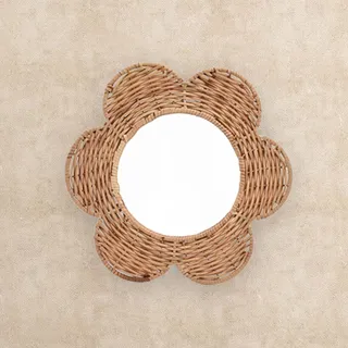 BORDSTRACT Runder Wandspiegel zum Aufhängen, Wandspiegel aus natürlichem Rattan, Kosmetikspiegel aus Blumengeflecht, Wanddekoration für Wohnzimmer, Schlafzimmer, Badezimmer (28,5 x 25,5 cm)