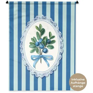 MuchoWow Wandteppich Illustration - Beeren - Blau - Streifen, Rechteckig, Höhe: 3 mm, Wanddeko Teppich Wohnzimmer, Schlafzimmer, 90x120 cm Rechteckig | 90 cm x 120 cm x 3 mm