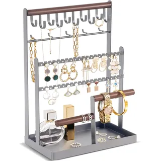 ProCase Schmuckständer Schmuckhalter für Ohrring Ohrstecker Ketten Schmuck Organizer Jewelry Ständer mit 15 Haken, 40 Löcher Ohrringhalter Schmuckaufbewahrung für Halsketten Armbänder Ringe -Grau