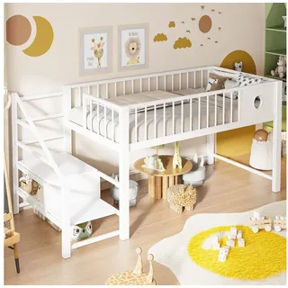 HAUSS SPOLE Hochbett 90x200 Metallrahmen-Halbhochbett,Kinderbett mit Matratze Weiß (Jugendbett Niedrig mit Aufbewahrungsleiter, Bettgestell mit Stauraum unter dem Bett) mit integrierter Leiter für kleine Schlafzimmer