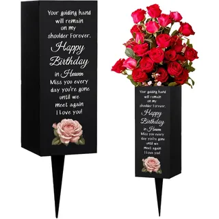 WEBEEDY Friedhofsvasen Alles Gute Zum Geburtstag Im Himmel Grabvasen Mit Stiel Rosenblume Friedhofsdekorationen Für Grab Garten Hof Gedenkvase Beileids Geschenk 8x20cm,1PCS