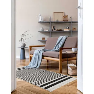 e-floor Teppich Kilim Gold – Stil und Funktionalität - für Wohnzimmer - Boho Teppich - Baumwolleteppich - Gewebt (Streifen Schwarz-Weiß, Weiß, 60x120cm)