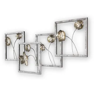 House of Arts | Metallbild 'Fiori in quadrati' | Moderne Wanddekoration mit Blumen | Wandbild 3D Wandrelief | Moderne Wanddeko handgefertigt aus Metall | 100 x 47 cm | Silber Gold