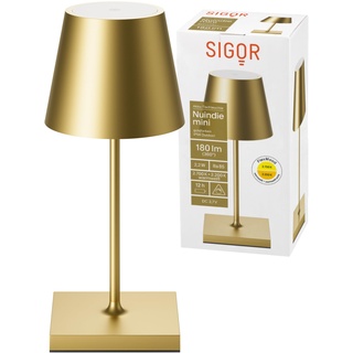 SIGOR Nuindie mini - Dimmbare kleine LED Akku-Tischlampe Indoor & Outdoor, IP54 spritzwassergeschützt, Höhe 25 cm, aufladbar mit Easy Connect, 12 h Leuchtdauer, goldfarben