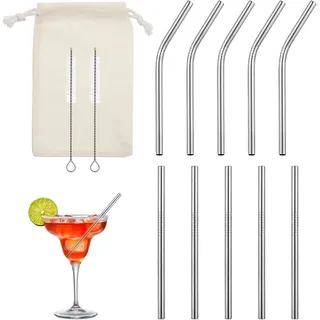10 Stück Strohhalme Edelstahl Metallstrohhalme Kurze Trinkhalme Kurz Metall 5 Gebogene 5 Gerade Kurz Cocktail Strohhalme mit 2 Reinigungsbürsten für Kaffeetassen, kleine Gläser oder Becher