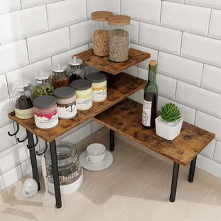 Homode Eckregal für die Küche, Badezimmer-Organizer, 3 Etagen, platzsparende Organisation für Küchentheke, Gewürzregal, Kaffeebar, über Spüle, rustikales Braun