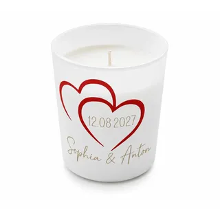 Personalisierte Hochzeitskerze im Glas mit Namen & Datum – Geschenk zur Hochzeit für Brautpaar – Weiße Kerze ohne Duft – 28 Std. Brenndauer – 9 x 8 cm – Individuell bedruckt