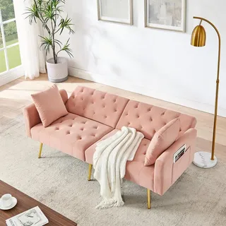 MODFU Moderner Sammet-Zweiersofa, 3-stufige verstellbare Rückenlehne,Relaxsofa mit 2 beigelegte Kissen,Schlafsofa,stabile Metallbeine,Rosa - Rosa