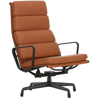 Vitra - EA 222 Soft Pad Sessel deep black mit Armlehnen, drehbar, Leder Premium Fcognac (Gleiter für Teppichboden )