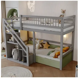 STILVORA Hochbett 90×200 Jugendbett mit Matratze,Kinderbett mit Stauraum und Treppe (Jugendbett, Einzelbett, Massivholzrahmen, 90x200 cm) mit Matratze grau