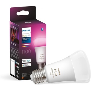 Philips Hue White & Color Ambiance E27 LED Lampe (1100 lm), TESTSIEGER Stiftung Warentest (01/2024), dimmbare mit 16 Mio. Farben, smarte Lichtsteuerung über Sprache und App