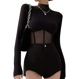 QKEPCY Damen Mesh Langarmshirt Sexy Top Shirts Langarm Slim Fit Cropped Tee Cut Out Oberteile T-Shirt Teenage Mädchen Rundhals Bluse Streetwear Fit Einfarbig Patchwork Skelett Blusentops - S-XL