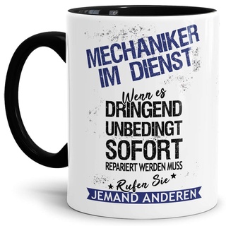 KFZ Mechaniker-Tasse "Mechaniker im Dienst" Beruf/Auto/Lustig/Spruch/Geschenk-Idee/Arbeit/Innen & Henkel Schwarz