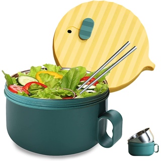 Ramen Schüssel Set, Rostfreier Stahl Ramen Bowl Schüssel, Japanische suppenschüssel,1200ML ramen schüssel mit deckel Traditionell Japanisches Geschirr (Gelb-Grün)