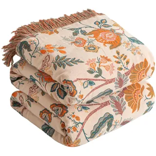 SE SOFTEXLY Boho Decke 100% Baumwolle – Doppelseitige Musselin Tagesdecke 150x200cm, Kuschelige Sofadecke & Bettüberwurf, Aesthetic Design, Ideal für Wohnzimmer & Schlafzimmer, Orange/Grün