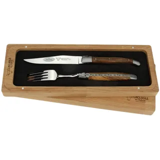 Laguiole en Aubrac - Ein Steakmesser und eine Steak-Gabel als Besteck Set - Griff Holz Pistazie - Original Frankreich mit Zertifikat