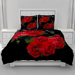 Morbuy Blumen Drucken Bettwäsche + Kissenbezug 80x80cm, Weiche Mikrofaser Bettwäsche-Set 3D Blume Bettwäsche Set Bettbezug Set mit Reißverschluss (135x200cm,Rote Rose)