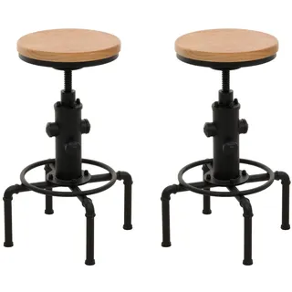 Mendler 2er-Set Barhocker höhenverstellbar drehbar Fußablage Industrial Eisen Massiv-Holz ~ natur Braun