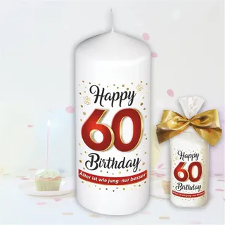 Stumpenkerze - Geburtstagskerze zum 60. Geburtstag, Happy Birthday - Für Dich | Motive auf Tattoofolie | Geschenkfolie und goldener Schleife | Kerze mit Geburtstagszahl Zahl in Geschenkverpackung