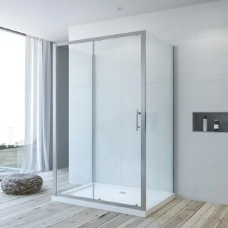 Duschkabine Eckeinstieg U Form Dusche 140 x 80 x 185 cm Duschabtrennung 3 Seiten U Kabine Eckdusche Schiebetür mit Seitenwand Freistehend Sicherheitsglas ESG klar ohne Duschwanne Duschtasse