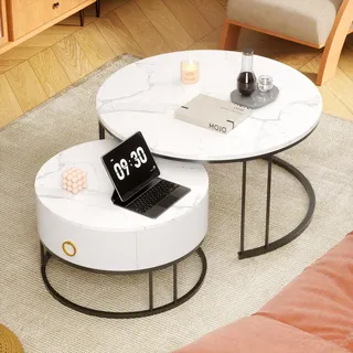 okwish Runden Couchtisch 2er Set, Moderne Wohnzimmertisch mit Marmoroptik, Hochglänzend Satztisch mit Stauraum, beistelltisch rund, für Wohnzimmer, Balkon und Büro, Metallgestell, Weiß und Schwarz