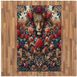 Teppich Flachgewebe Deko-Teppiche für das Wohn-,Schlaf-, und Essenszimmer, Abakuhaus, rechteckig, Leopard Rokoko Design Rote Rosen blau|rosa