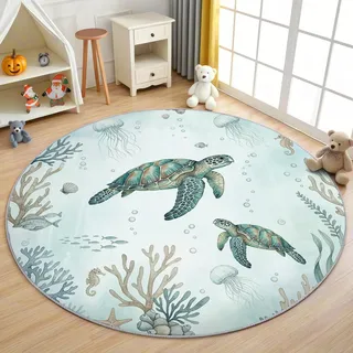 AevuCub Schildkröte Teppich Rund 150cm Kinderzimmer - Waschbare Teppiche Wohnzimmer Meerestiere Koralle Ozean Thema - Runder Teppich 150 Durchmesser - Bettvorleger Schlafzimmer rutschfest Weich