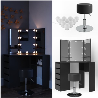 Vicco Schminktisch Arielle Frisiertisch Kommode Frisierkommode Spiegel Schwarz inklusive Hocker und LED-Lichterkette