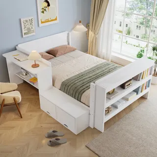Kinderbett 120x200 Cm Mit Schreibtisch Und Stauraum - Funktionsbett Aus Holz Mit Lattenrost Und Klappfach - Flexibel Montierbar - Weiß