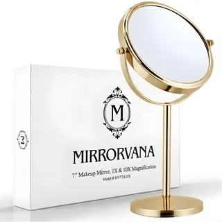 Mirrorvana Standspiegel doppelseitig, 10X/1X Vergrößerung, 35x18 cm (Gold) | Freistehender Kosmetikspiegel & Schminkspiegel, Tischspiegel – ideal für präzises Make-up im Bad und Schlafzimmer