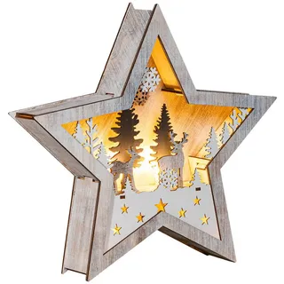 Spetebo Dekofigur LED Weihnachts Stern aus Holz 25 cm (Deko Aufsteller, 1 St., Rentier im Wald), Leuchtfarbe : warm weiß beige