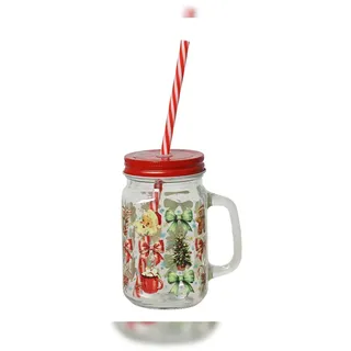 Christmas Decorations Trinkglas Weihnachten 13cm mit Strohhalm und Deckel 480ml Weihnachtsmotiv Getränkeglas Weihnachtsbecher Weihnachtsglas Henkelglas Transparent Rot