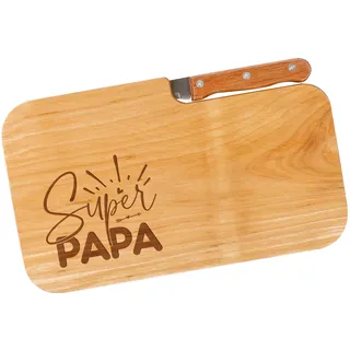 Herz & Heim® Papa Brettchen mit Gravur als Geschenk zu Vatertag – Brotbrett aus Erlenholz mit integriertem Messer – Schneidebrett als Vatertagsgeschenk