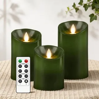 AiiBowy Led Kerzen [3er Set] Flammenlose Echtwachs Flackernde Dimmbar mit Fernbedienung Weihnachtskerzen led kerzen adventskranz 4"/5"/6” Tischdeko, Halloween, Weihnachten, Hochzeit, Party (Grün)
