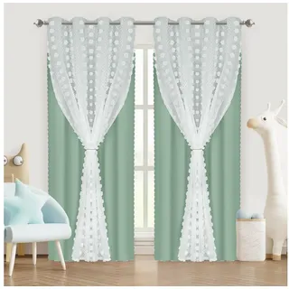 BTTO V&G Schiebegardine Kinderzimmer Vorhänge mit Ösen Baby Gardinen Doppelschichtige, Doppellagiges Wollknäuelgarn,Kindervorhang grün 132 cm x 213 cm