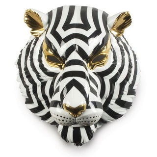 Casa Padrino Dekofigur Casa Padrino Luxus Porzellan Deko Maske Tiger Schwarz / Weiß / Gold 30 x 23 x H. 38 cm - Moderne handgefertigte Wanddeko - Erstklassische Qualität - Made in Spain