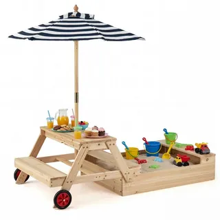 COSTWAY Sandkasten, Kinder Picknicktisch mit Sonnenschirm & Spielboxen, Holz beige