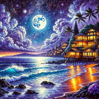 Umfarvt 5D Night Sea Villa Diamond Painting Erwachsene,Diamond Painting Bilder für Anfänger,DIY Round Voller Kristall Strass Kreuzstich Malen Nach Zahlen Kits für Zuhause Dekor 30x30cm