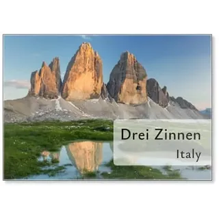 Kühlschrankmagnet Drei Zinnen, Pfütze, Wiese, Südtirol, Dolomiten, Italien