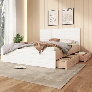 Merax Doppelbett Holzbett Stauraumbett mit 2 Schubladen 180x200 cm,Massivholzbett inkl.Lattenrost,Modernes Funktionsbett ohne Matratze – Weiß/Eiche