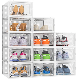 HOMIDEC Schuhboxen, 12er Pack Schuhboxen Stapelbar, Schuhorganizer Schuhaufbewahrung, Schuhkarton mit Deckel für Schuhe bis Größe 45, Weiß