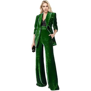 Damen 2 Stück Samt Anzug Büro Arbeitsanzug Kerbe Revers Zweireihig Blazer Hosen Business Anzug Set, Grün , Klein - S