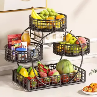 JUNYFFF Obstschale, Obstkorb Etagere, Obst Etagere, 4-Stöckiger Obstkorb Aus Metall Für Küche, Wohnzimmer, Büro, Obstkörbe 4 Etagere, Obst Aufbewahrung,Schwarz,A