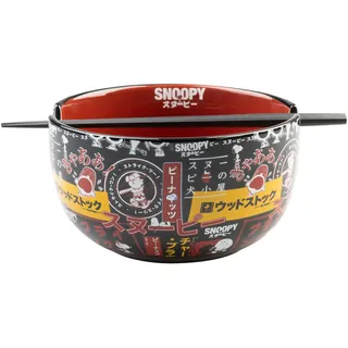 Grupo Erik Peanuts Snoopy Ramen Bowl Schüssel Schale Geschenke Merch | Keramik Suppenschale 9 x 16 cm 900 ml mit Stäbchen zum Essen - Offizieller Peanuts Snoopy Geschenke Merch