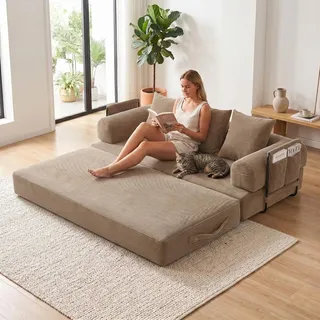 LVHOM Klappbares Schlafsofa aus Cordstoff, Modulares Tagesbett mit Metallgestell, Klappsofa Bodensofa mit Stauraum, 300kg Belastbarkeit, Khaki - Braun