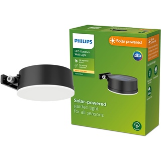 Philips Outdoor Solar Vynce Wandleuchte 1,5W, Tageslichtsensor, rund, 2700 Kelvin, IP44 wetterfest, schwarz