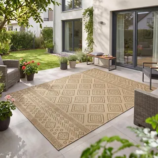 Teppium Outdoor Teppich Beige Jute Optik 240x340 cm Balkon Terrasse Garten Wetterfest UV-beständig XL XXL Rauten Design Flachgewebe Pflegeleicht Robust Modern