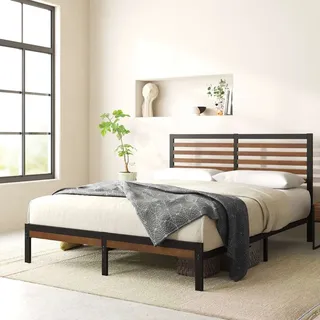 Zinus Metallbett Kai - Bett 140x200 cm - Doppelbett – Bett mit Bambus - Mit Kopfteil & Fußteil – Bettrahmen mit Lattenrost – Braun/Schwarz - Braun/Schwarz