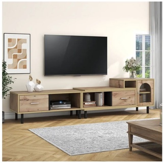 Odikalo TV-Schrank Sideboard Erweiterbar Holzoptik 4 Fächer 2 Glastür 200-278 cm Natur beige
